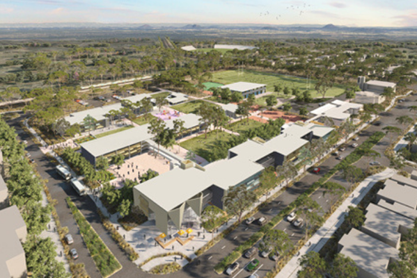 Visual representation of a new high school campus, highlighting contemporary features and design by Huffgroup Electrical Services