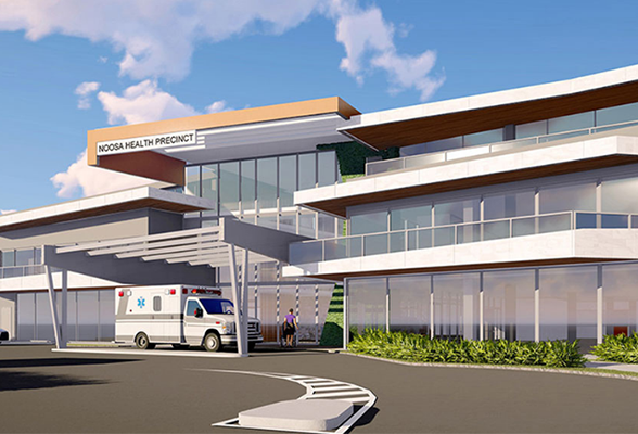 An ambulance parked in front of the Noosa Health Precinct, where Huff Group delivers critical electrical and communications infrastructure for a modern healthcare environment