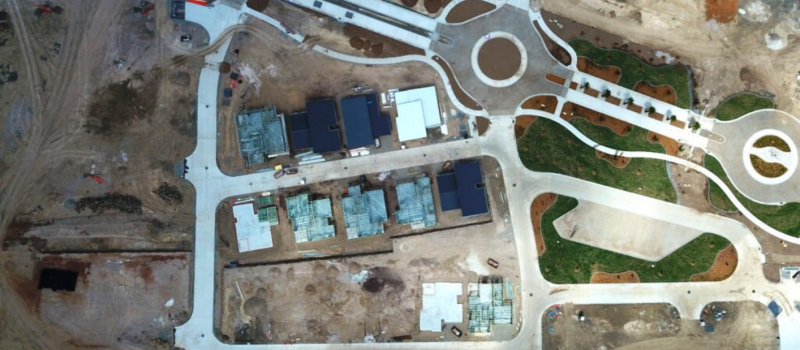 Aerial view of Lakeview Springs Village where Huff Group delivered data, communications networks, and civil electrical infrastructure